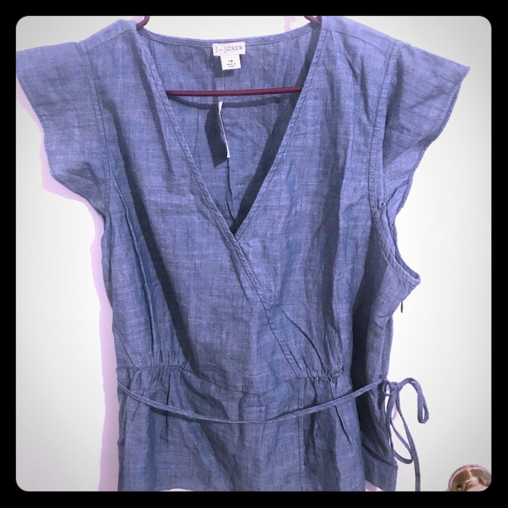 Chambray J.Crew wrap front, tie waste blouse